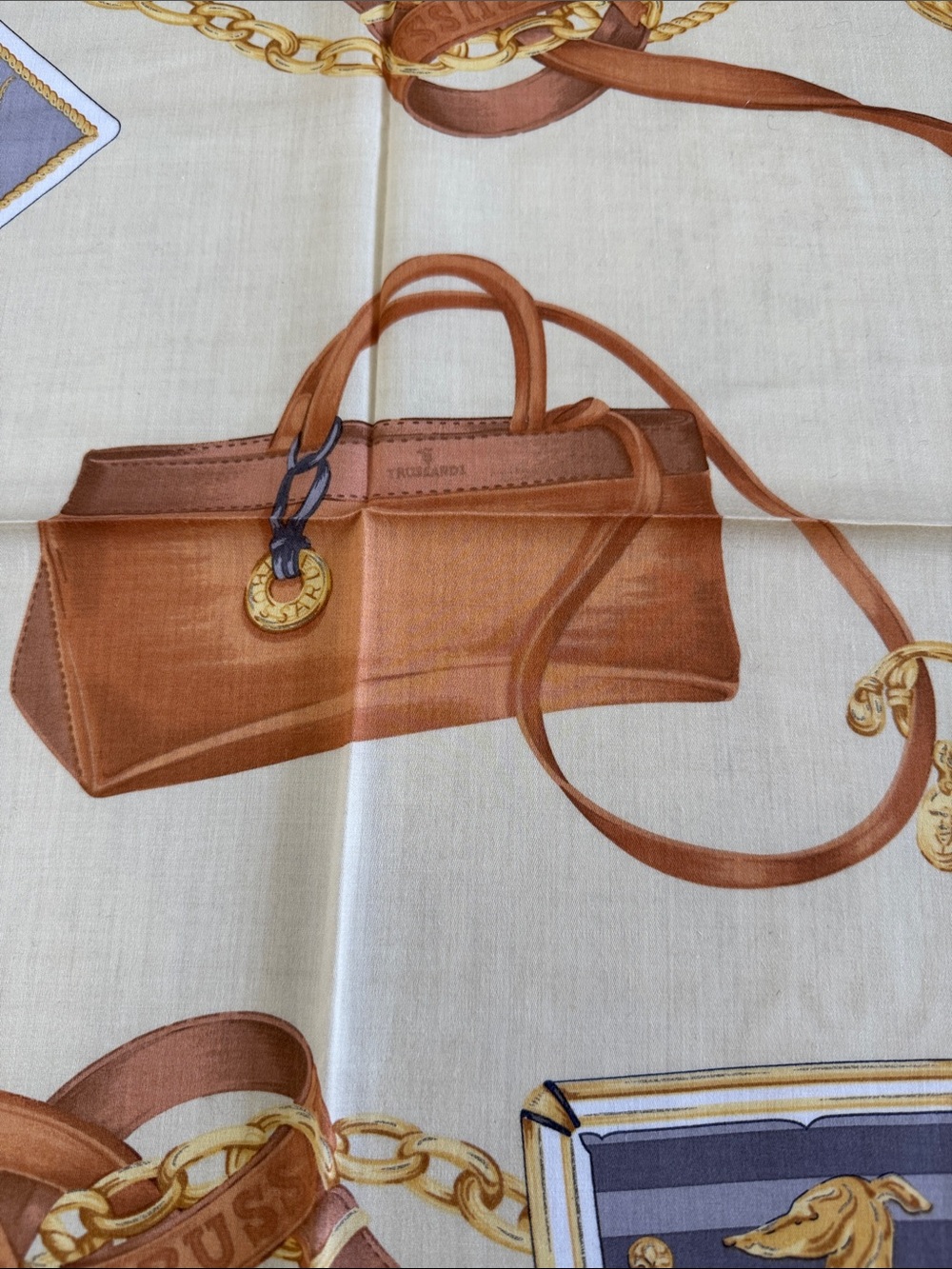 Trussardi Cream, Brown and Gold Chain Print cotton Scarf - Picture 4 of 6